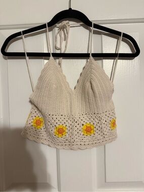 Aerie Cream Crochet Daisy Halter Crop Top Size M